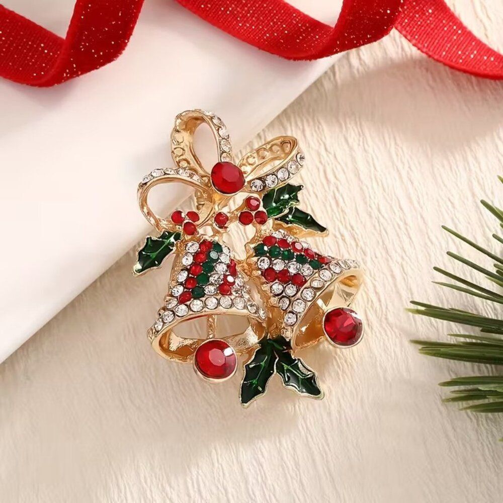 Elegant Holiday Festive Christmas Bell and Ivy Brooch Colorful and Joyful